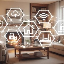 Ícones de tecnologia smart home numa sala de estar - Soluções Residenciais