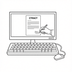 Ícone de computador com assinatura de contrato - Modalidade de Contratos