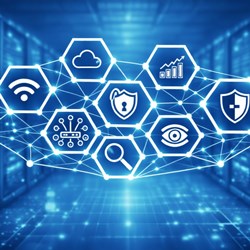 Detalhe de rede empresarial com ícones de segurança, cloud e monitorização - Soluções Empresariais