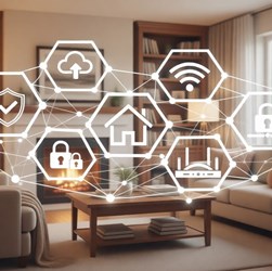 Detalhe de rede inteligente para habitação com ícones de segurança e conectividade - Soluções Residenciais